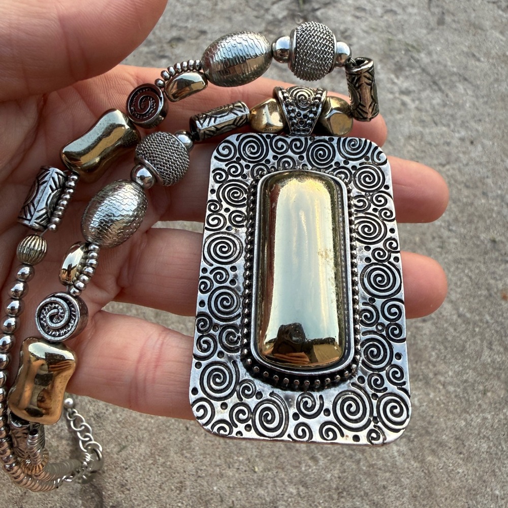 Chicos Mixed Metal Statement Necklace Silver Gold Tone Scroll Pendant Beaded